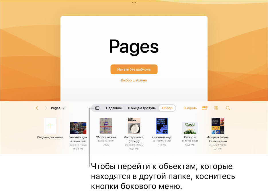 Режим просмотра в менеджере документов. В левом верхнем углу отображается кнопка бокового меню. В правом верхнем углу расположены кнопки «Добавить», «Новая папка», «Значки» (для сортировки по имени, дате, размеру или тегу), «Выбрать» и «Поиск». Под ними отображаются миниатюры существующих документов.