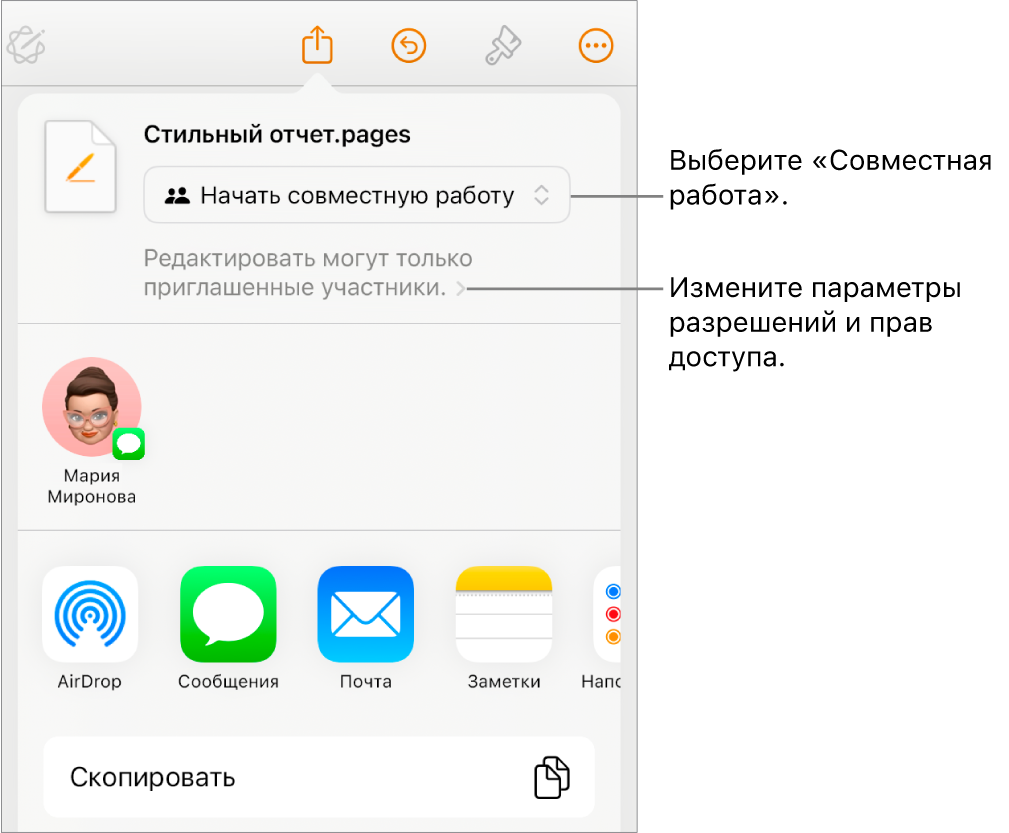 В верхней части экрана отображается меню «Поделиться». Выбран параметр «Совместная работа», под ним находятся настройки прав доступа.