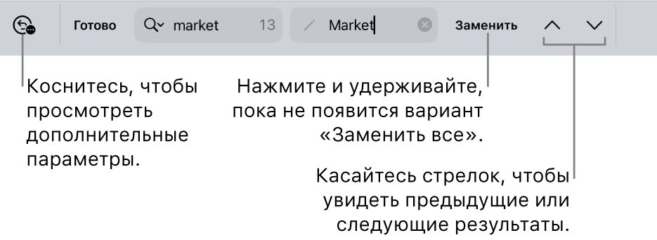 Элементы управления параметром «Найти и заменить» над клавиатурой. Выноски указывают на кнопки «Параметры поиска», «Заменить», «Перейти вверх» и «Перейти вниз».