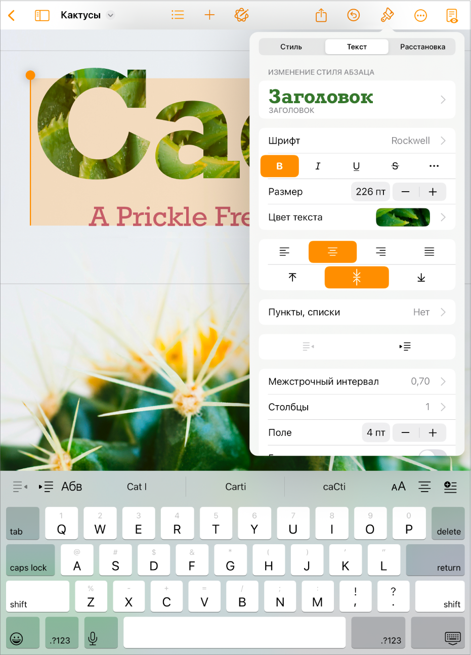 Открыт документ Pages. Выбран текст, и отображаются параметры форматирования текста.
