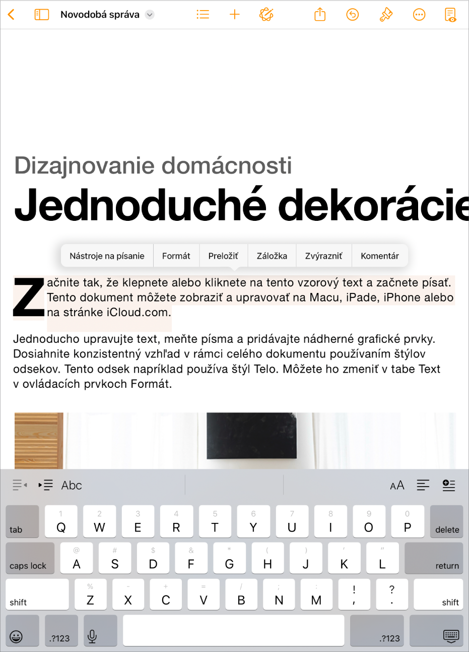 Otvorený dokument Pages s vybraným vzorovým textom.