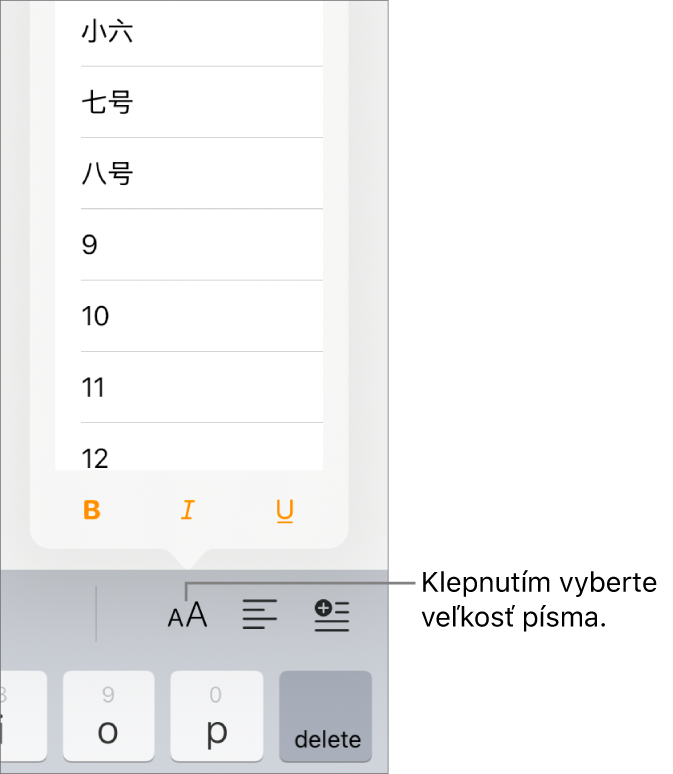 Tlačidlo Veľkosť písma na pravej strane klávesnice iPadu s otvoreným menu Veľkosť písma. Štandardné veľkosti písma čínskej vlády sa zobrazia v hornej časti menu a veľkosti v bodoch sa zobrazia pod nimi.