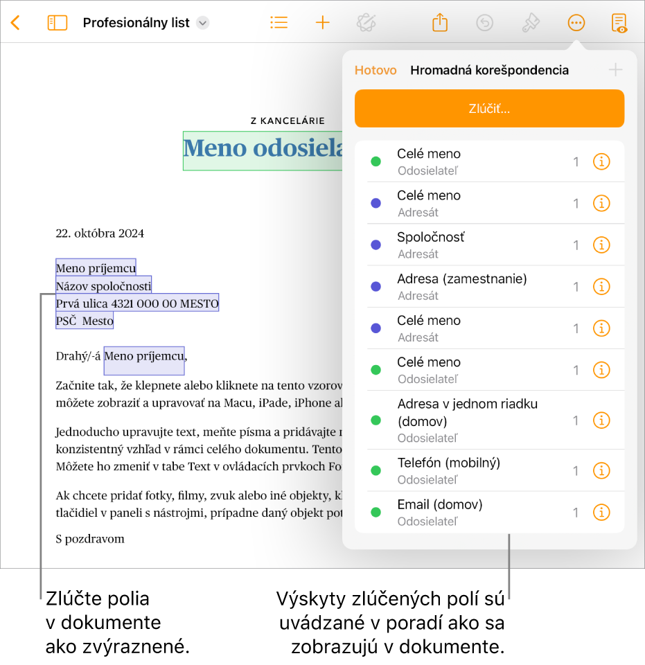 Dokument v Pages so zlučovacími poliami pre príjemcu a odosielateľa a zoznam inštancií zlučovacích polí viditeľný v postrannom paneli Dokument.