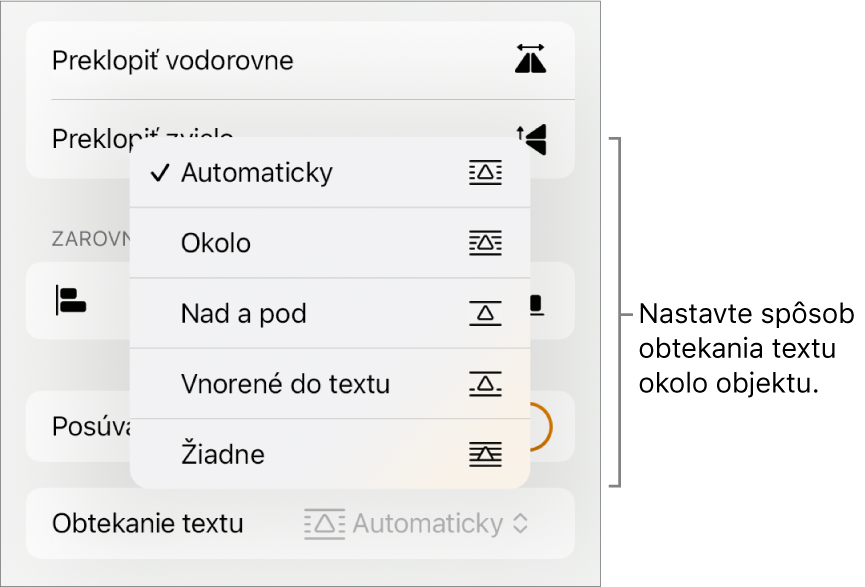 Ovládacie prvky Formát s označenou záložkou Rozloženie. Pod tým sú ovládacie prvky Obtekanie textu s možnosťami Presunutie dozadu/dopredu, Posúvať s textom a Obtekanie textu.