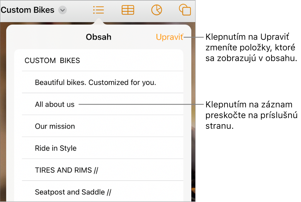 Zobrazenie obsahu s položkami v zozname. Tlačidlo Upraviť sa nachádza v pravom hornom rohu zobrazenia.