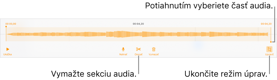 Ovládacie prvky na úpravu nahraného audia. Úchyty označujú vybranú sekciu nahrávky a tlačidlá pre funkcie Náhľad, Nahrať, Orezať, Vymazať a Režim úprav sú nižšie.