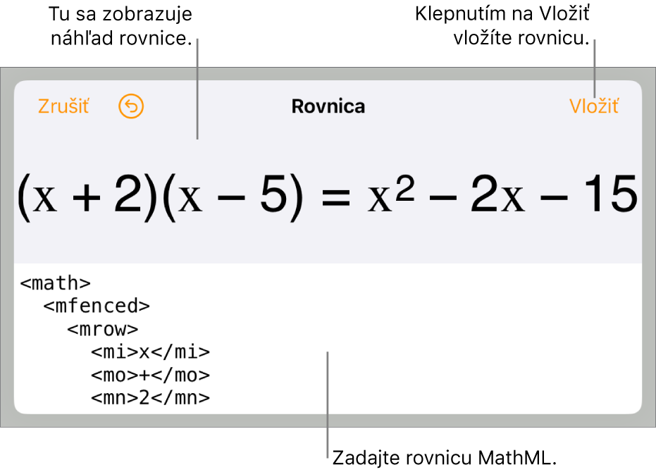 Dialógové okno Rovnica zobrazujúce rovnicu napísanú pomocou príkazov MathML, vyššie sa nachádza náhľad vzorca.