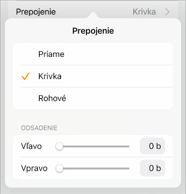 Ovládacie prvky Spojenie s vybranou možnosťou Krivka.