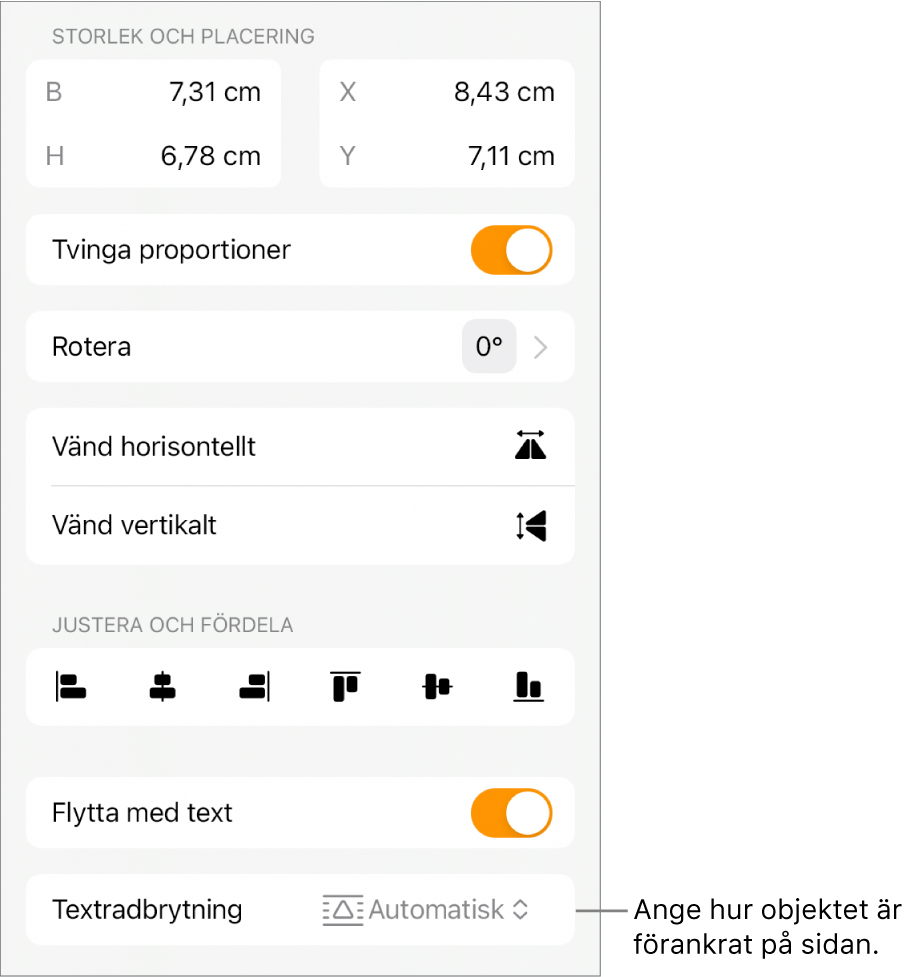 Formatreglagen med fliken Ordna vald och reglage för Lägg nederst/överst, Flytta med text och Textradbrytning.