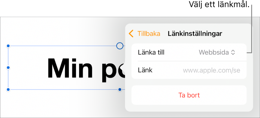 Reglage för länkinställningar med Webbsida markerat och knappen Ta bort längst ned.