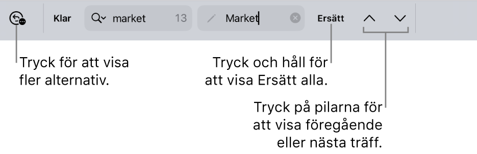 Reglagen för Sök och ersätt ovanför tangentbordet med linjer till knapparna Sökalternativ och Ersätt samt uppåt- och nedåtknapparna.