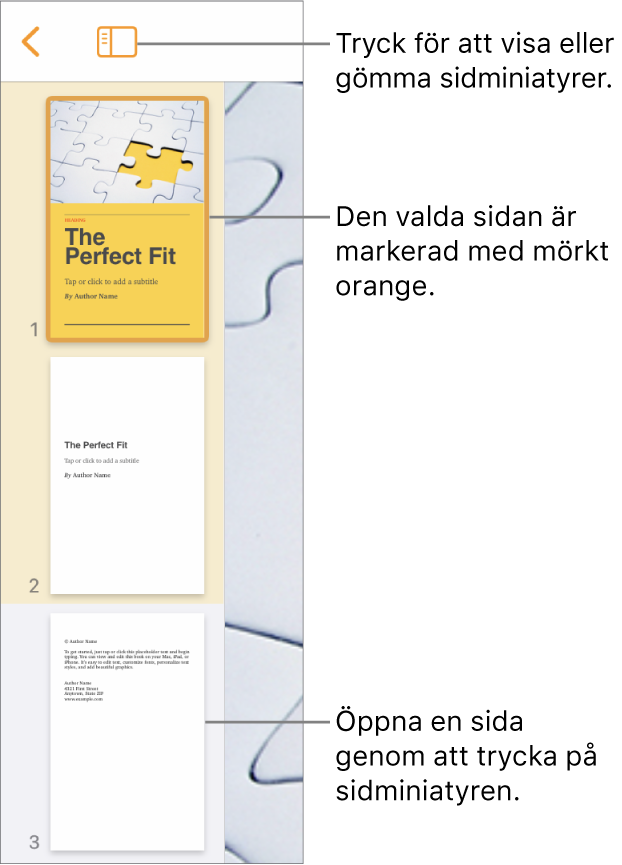 Sidminiatyrvyn till vänster på skärmen med ett tvåsidigt avsnitt, en avgränsningslinje och sedan en sida från nästa avsnitt. Ovanför miniatyrerna finns innehållsknappen.