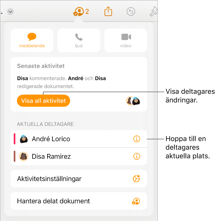 Samarbetsmenyn med aktuella deltagare listade.