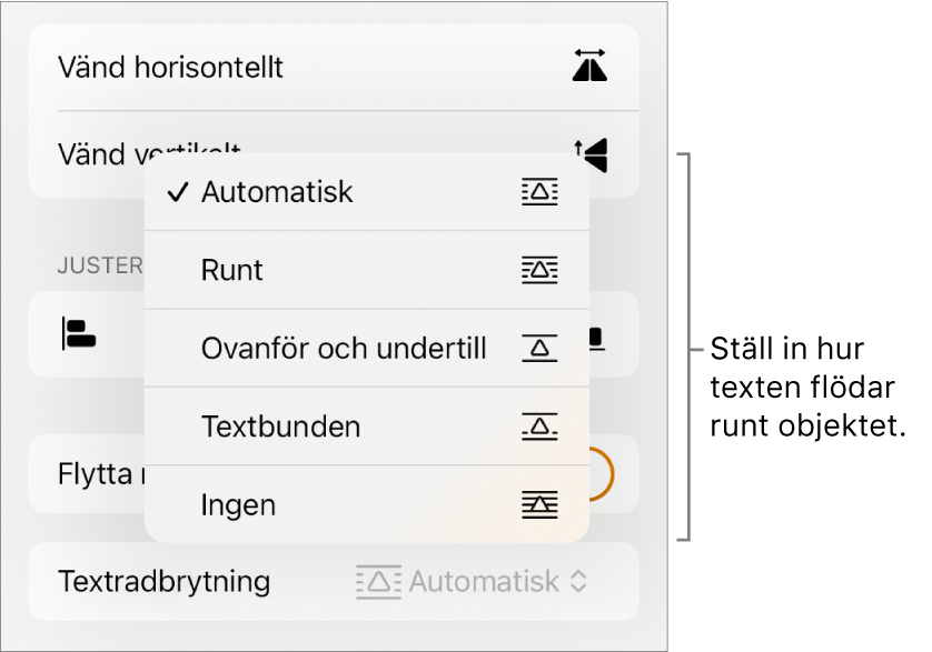 Formatreglagen med fliken Ordna vald. Nedanför finns textradbrytningsreglagen med Lägg nederst/överst, Flytta med text och Textradbrytning.