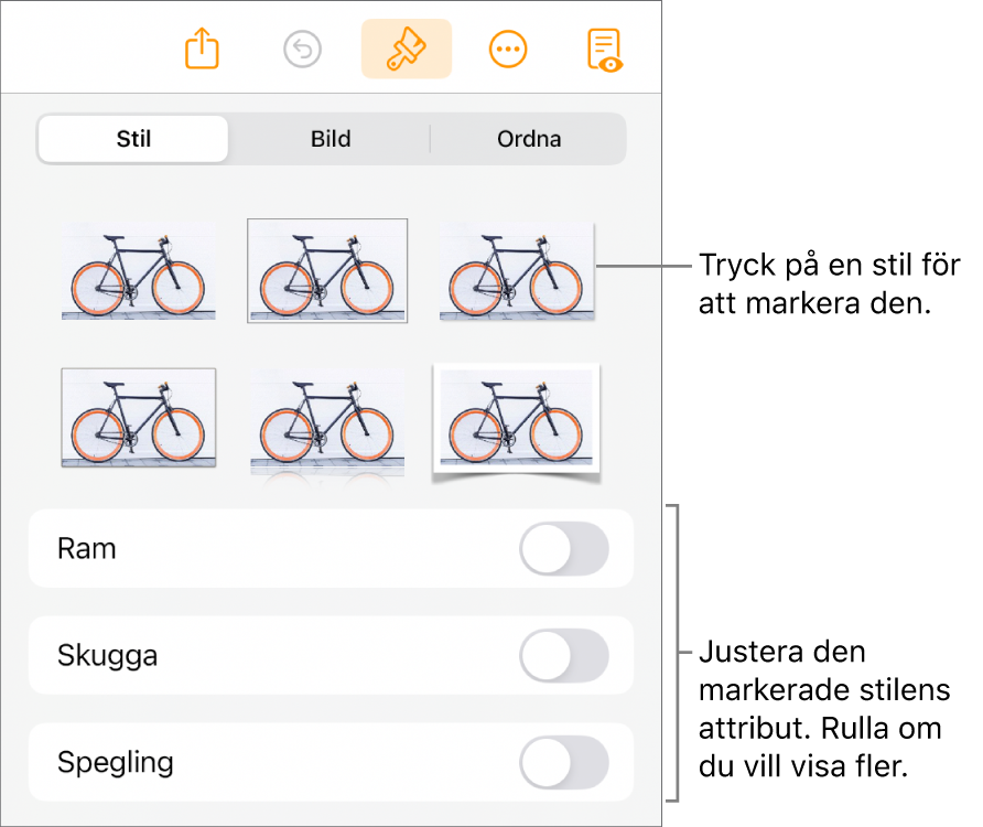 Fliken Stil på menyn Format med objektstilar överst och reglagen under dem för att ändra ramen, skuggor, spegling och opacitet.