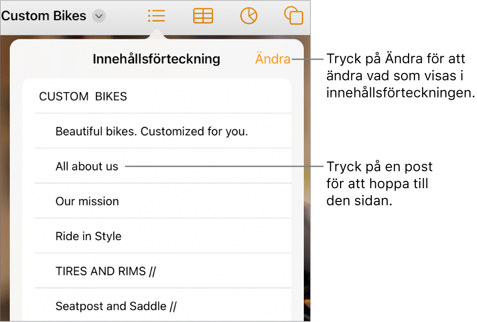 Innehållsförteckningsvyn med poster i en lista. Knappen Ändra finns i det övre högra hörnet av vyn.