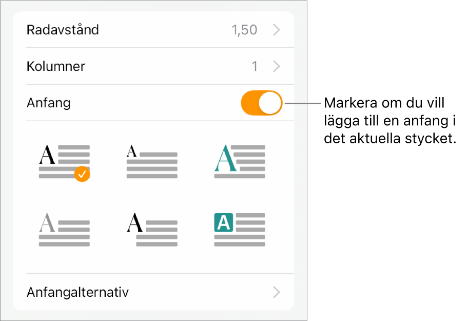 Anfangreglagen i menyn Text.