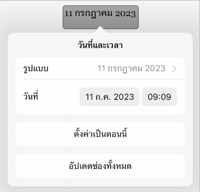 ตัวควบคุมวันที่และเวลาที่แสดงเมนูที่แสดงขึ้นสำหรับรูปแบบวันที่ และปุ่มตั้งค่าเป็นตอนนี้และอัปเดตช่องทั้งหมด