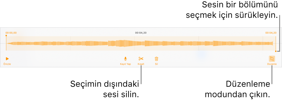 Kaydedilen sesi düzenleme denetimleri. Tutamaklar kaydın seçilen kısmını gösterir; Önizleme, Kaydet, Kes, Sil ve Düzen Modu düğmeleri aşağıdadır.