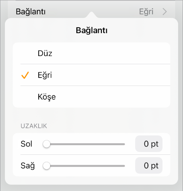 Eğri seçili olan Bağlantı denetimleri.