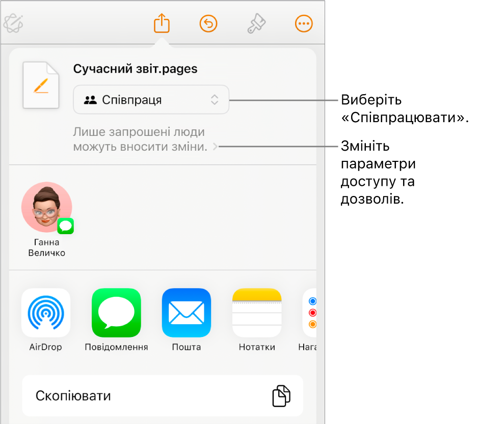 Меню «Поширити» з вибраним угорі елементом «Співпраця», а також параметрами доступу й дозволів унизу.