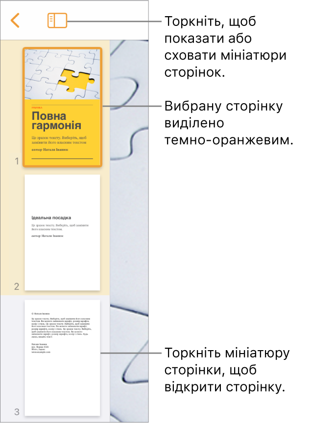 Перегляд мініатюр сторінок ліворуч на екрані з двосторінковим розділом, лінією-розділювачем і однією сторінкою в наступному розділі. Кнопка «Перегляд» над мініатюрами.