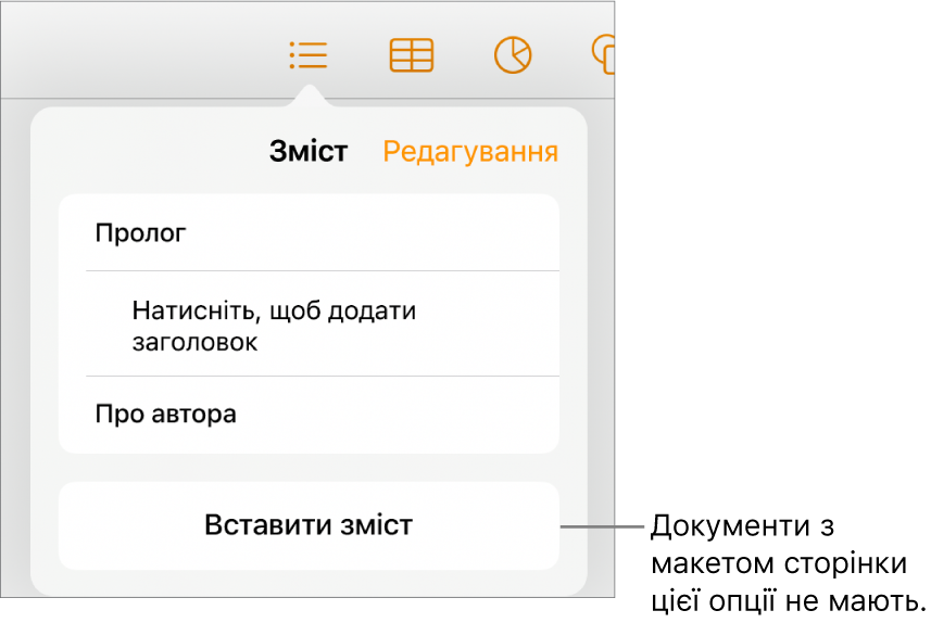 Перегляд змісту з кнопкою «Змінити» у верхньому правому кутку, елементи змісту і кнопка «Вставити зміст» внизу.