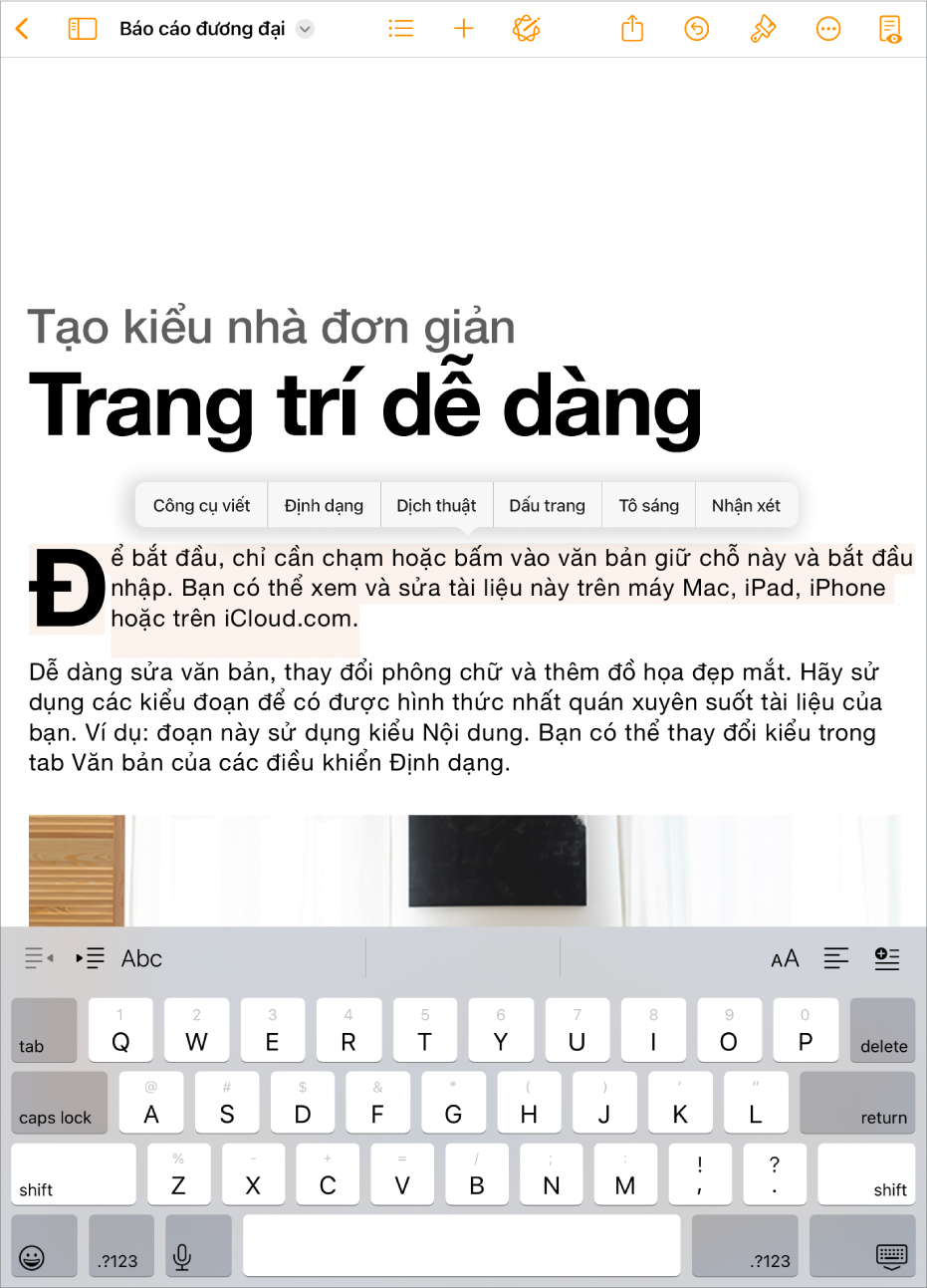Tài liệu Pages đang mở với văn bản giữ chỗ được chọn.