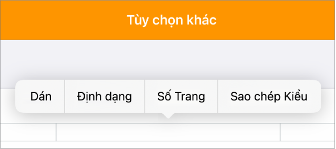 Ba trường đầu trang với dấu chèn ở giữa và menu bật lên đang hiển thị Số trang.