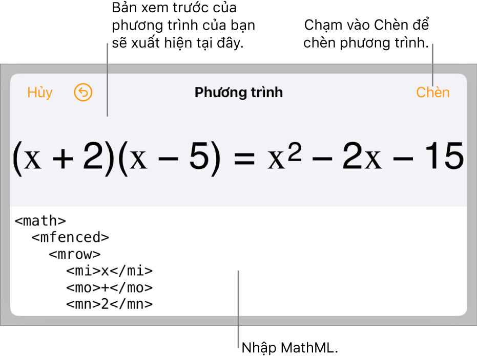 Hộp thoại Phương trình, đang hiển thị phương trình được viết bằng các lệnh MathML và bản xem trước của công thức ở bên trên.