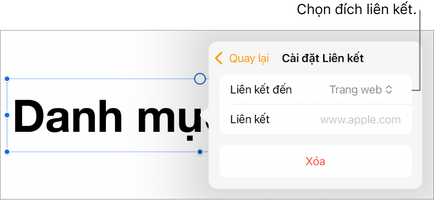Các điều khiển Cài đặt Liên kết với Trang web được chọn và nút Xóa nằm ở cuối.