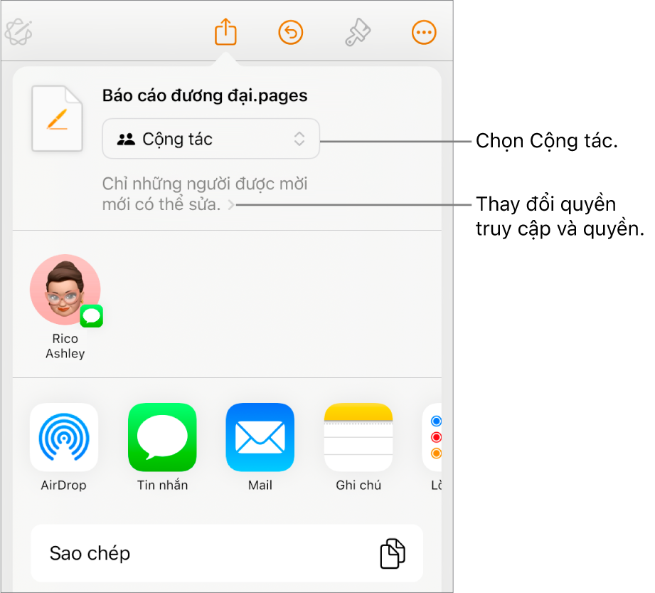 Menu Chia sẻ với Cộng tác được chọn ở trên cùng và các cài đặt quyền truy cập và quyền ở bên dưới.