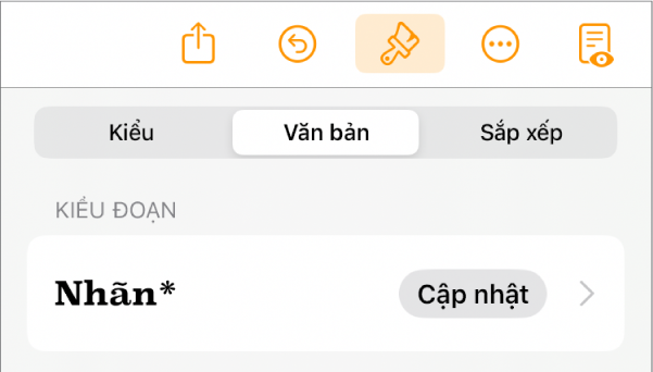 Một kiểu đoạn Nội dung có dấu hoa thị ở bên cạnh và nút Cập nhật ở bên phải.