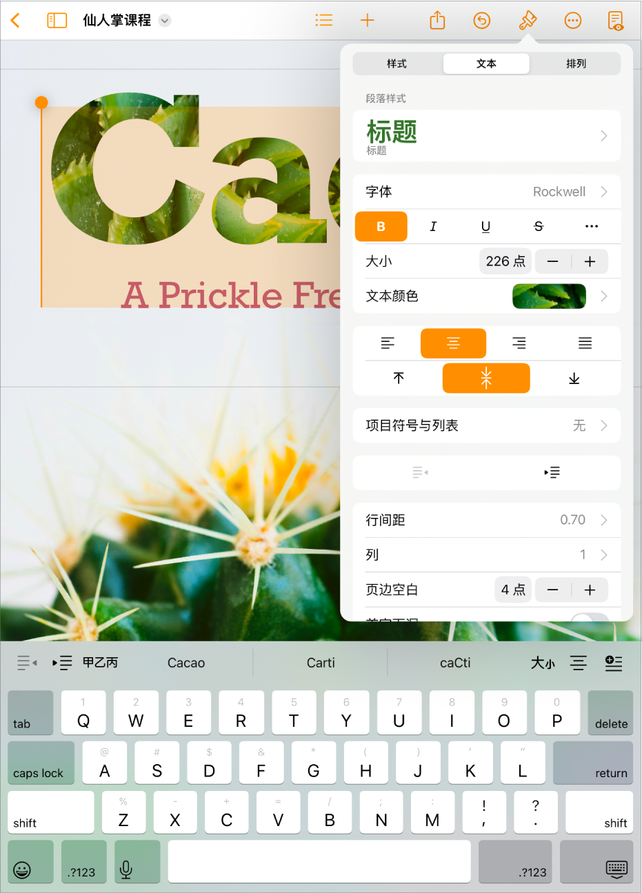 Pages 文稿已打开，文本已选中且文本格式化选项已打开。