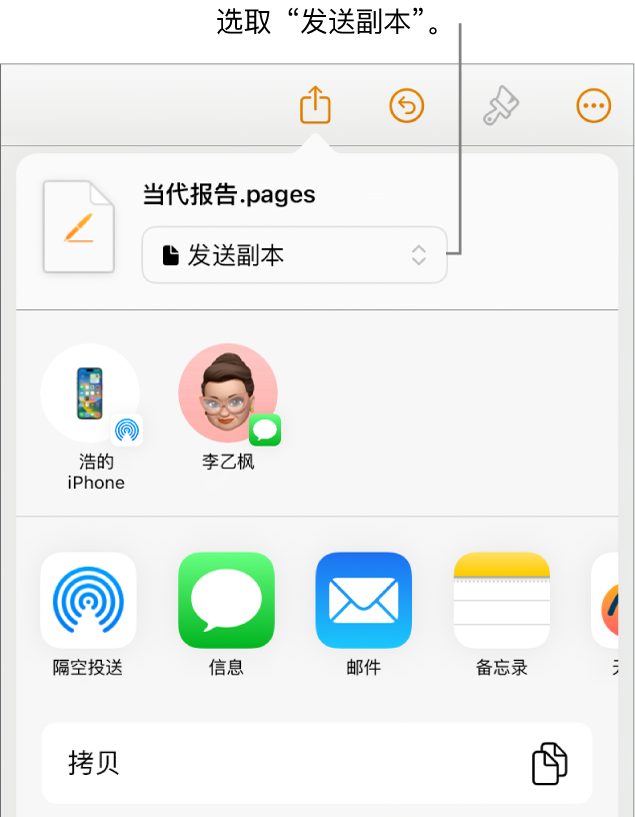 顶部已选中“发送副本”的“共享”菜单。