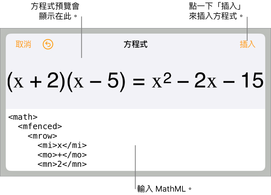 「方程式」對話框，顯示使用 MathML 指令寫入的方程式，上方是公式的預覽。