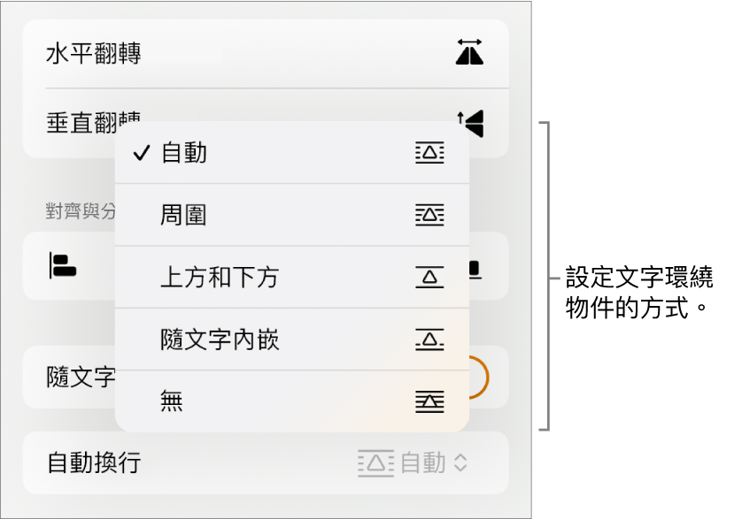 已選取「排列」標籤頁的「格式」控制項目。其下方為帶有「移至最後/最前」、「隨文字移動」和「文字環繞」的「文字環繞」控制項目。