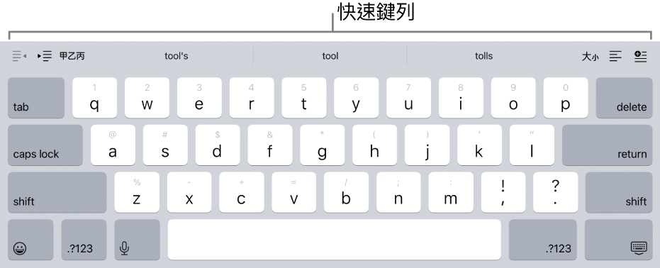 在頂端列按鍵上方帶有一列快速鍵按鈕的鍵盤。