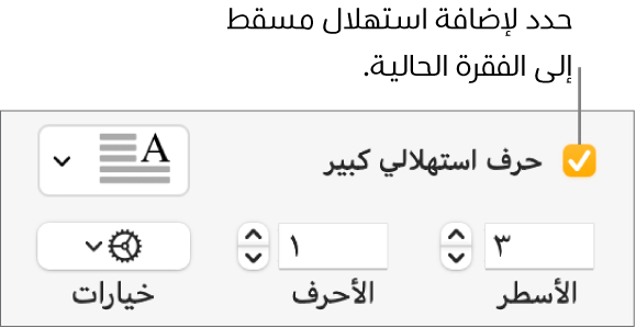 خانة اختيار الحرف الاستهلالي الكبير محددة، وتظهر قائمة منبثقة على يسارها؛ تظهر عناصر التحكم لإعداد ارتفاع السطر وعدد الأحرف والخيارات الأخرى أسفلها.