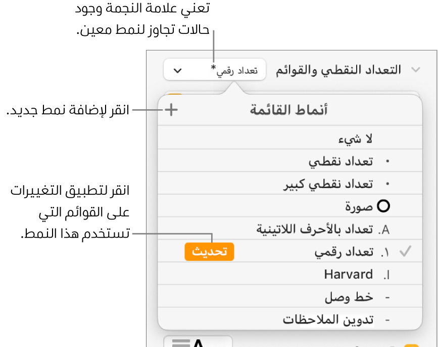 القائمة المنبثقة أنماط القائمة وتعرض علامة نجمية تشير إلى تجاوز ووسائل شرح لزر نمط جديد، وقائمة فرعية بخيارات لإدارة الأنماط.