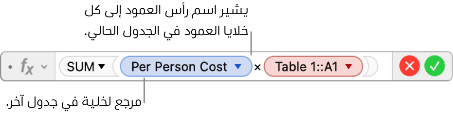 محرر الصيغة يظهر صيغة تشير إلى عمود في جدول وخلية في جدول آخر.