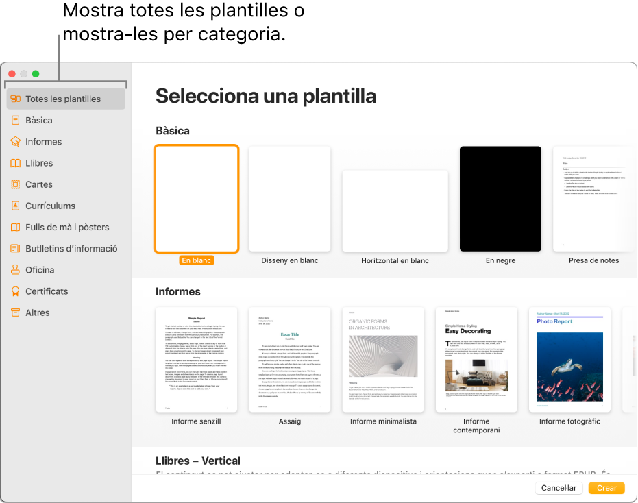 El selector de plantilles. Barra lateral a l’esquerra que mostra la llista de categories de plantilles que pots clicar per filtrar opcions. A la dreta hi ha miniatures de plantilles predissenyades ordenades en files per categoria: la primera, a la part superior, és Bàsiques, seguida per Informes i Llibres (en vertical). Es mostren els menús desplegables “Idioma i regió” a l’angle inferior esquerre i els botons “Cancel·la” i “Crea” a l’angle inferior dret.