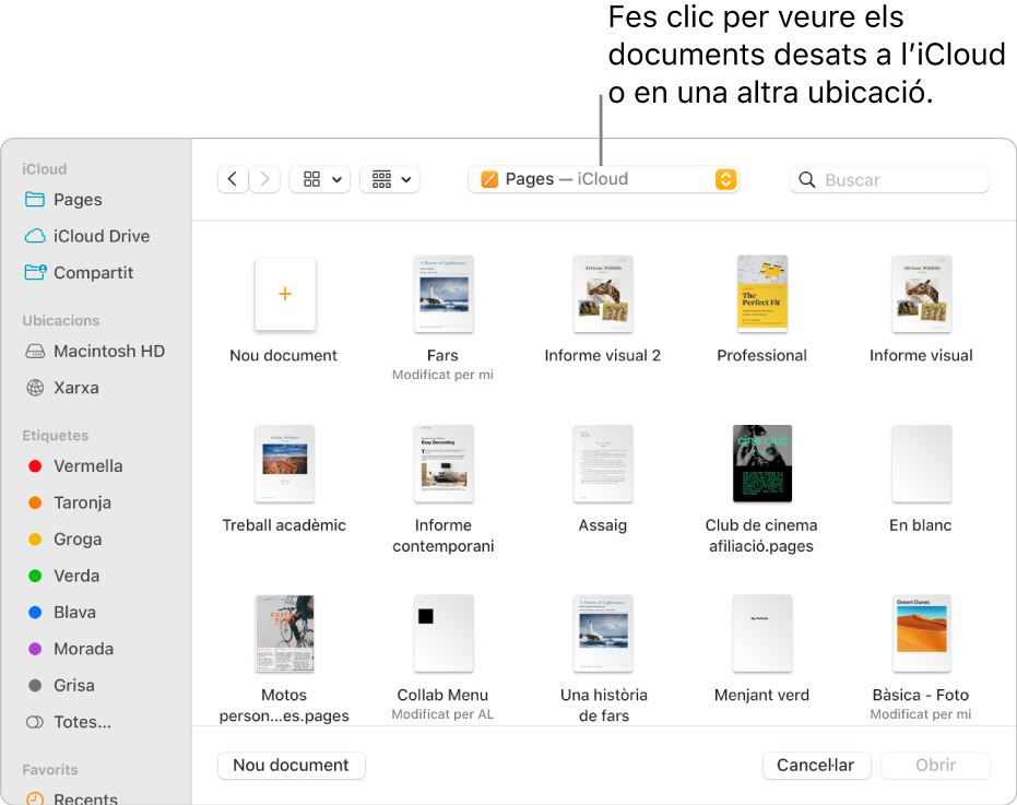 El quadre de diàleg “Obre”, amb la barra lateral oberta a l’esquerra i l’iCloud Drive seleccionat al menú desplegable de la part superior. Les carpetes del Keynote, el Numbers i el Pages apareixen al quadre de diàleg juntament amb el botó “Nou document”.