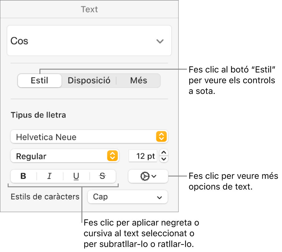 Els controls d’estil de la barra lateral “Format”, amb llegendes per als botons “Negreta”, “Cursiva”, “Subratlla” i “Ratlla”.