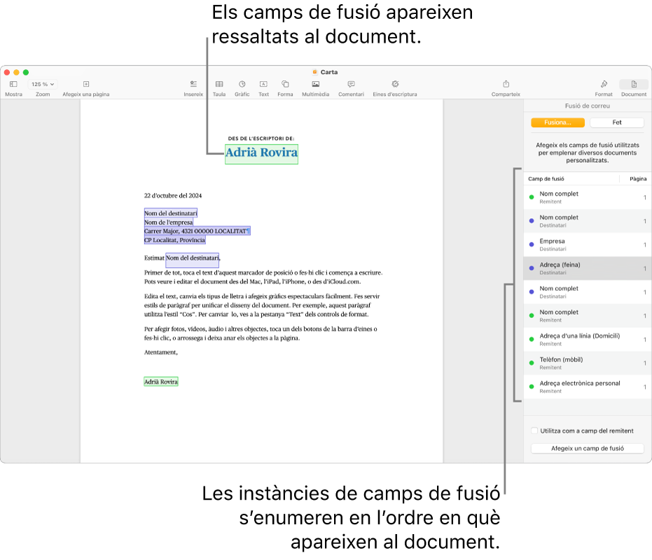 Un document del Pages en què es mostren els camps de fusió de destinatari i remitent, i la llista d’instàncies de camp de fusió visible a la barra lateral del document.