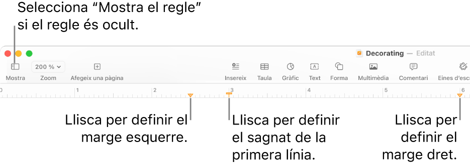 El regle, amb el control del marge esquerre i el control de sagnat de la primera línia.