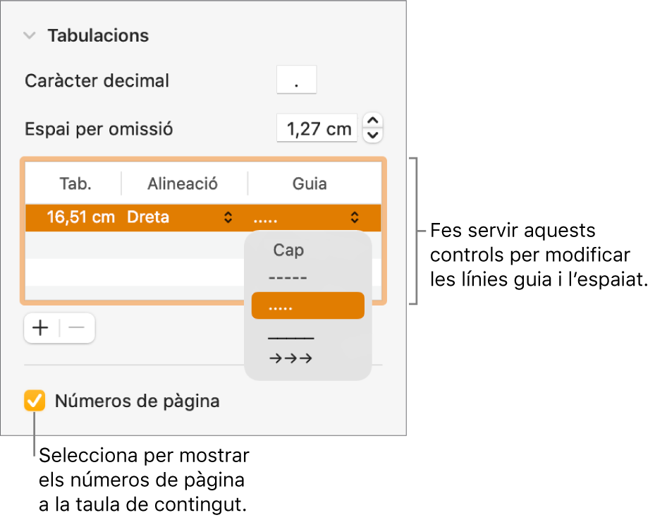 La secció Pestanyes de la barra lateral Format. A sota d’“Espai per omissió” hi ha una taula amb les columnes Tabuladors, Alineació i Guia. A sota de la taula apareix la casella de selecció “Números de pàgina” seleccionada.