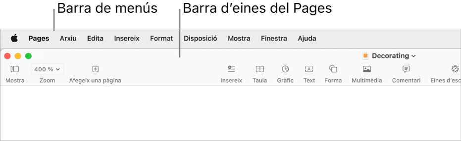 La barra de menú a la part superior de la pantalla amb els menús “Apple”, “Pages”, “Arxiu”, “Edita”, “Insereix”, “Format”, “Ordena”, “Mostra”, “Comparteix”, “Finestra” i “Ajuda”. A sota de la barra de comentaris hi ha obert un document del Pages amb els botons de barra d’eines “Mostra”, “Zoom, “Afegeix una pàgina”, “Insereix”, “Taula”, “Gràfic”, “Text”, “Forma”, “Multimèdia” i “Comentari” a la part superior.