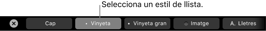 La Touch Bar del MacBook Pro amb controls per seleccionar un estil de llista.