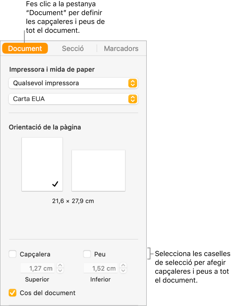 La barra lateral Document amb la pestanya Document a la part superior de la barra lateral seleccionada. A sota de les caselles de selecció Capçalera i Peu es mostren unes fletxes per modificar la distància de les capçaleres i dels peus respecte a la part superior i inferior de la pàgina